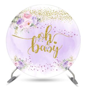 Aperturee Oh Purple Floral Glitter Baby Shower Round Backdrop | Custom Round Backdrop | Baby Shower Arch Backdrop | Round Backdrop Cover Diy