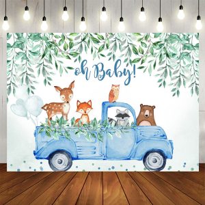 Aperturee Oh baby blue car with animals baby shower backdrop