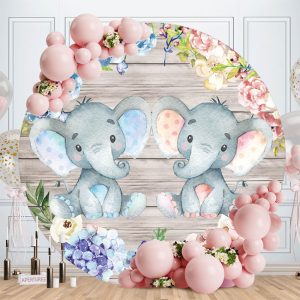 Aperturee Pink And Blue Foral Elephant Round Baby Shower Backdrop