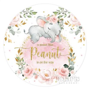 Aperturee Pink Elephant Flowers Cute Round Baby Shower Backdrop | Circle Party Backdrop | Round Backdrop Stand Covers | Custom Round Backdrop