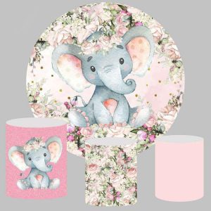 Aperturee Pink Floral And Elephant Girls Round Baby Shower Backdrop | Circle Party Backdrop | Custom Round Backdrop Cover | Baby Shower Backdrop Ideas