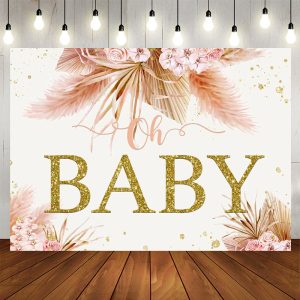 Aperturee Pink Floral Oh Baby Gold Glitter Baby Shower Party Backdrop