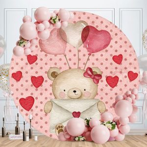 Aperturee Pink Letter Love Bear Round Valentines Backdrop