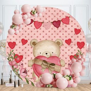 Aperturee Pink Love Teedy Bear Round Valentines Backdrop