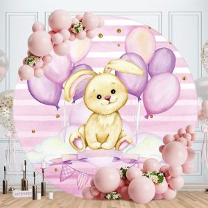 Aperturee Purple Ballon And Rabbit Round Baby Shower Backdrop