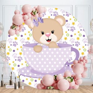 Aperturee Purple Cup Teddy Bear Round Baby Shower Backdrop