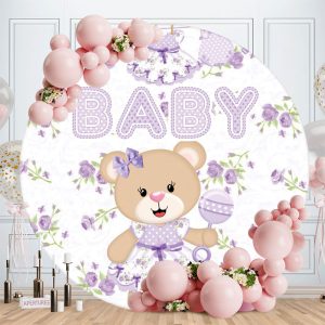 Aperturee Purple Floral And Bear Round Baby Shower Backdrop