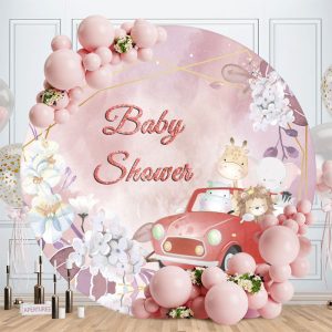 Aperturee Red Car And Animals Floral Round Baby Shower Backdrop