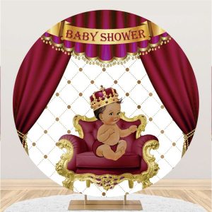 Aperturee Red Curtain Crown Cute Boy Round Baby Shower Backdrop | Custom Round Backdrop | Circle Backdrop Baby Shower | Baby Shower Round Backdrop