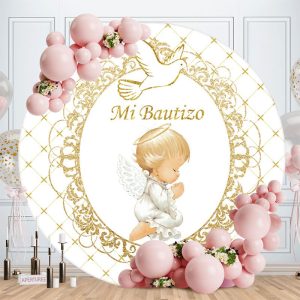 Aperturee Round Gold Mi Bautizo Baby Shower Backdrop For Party