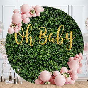 Aperturee Round Gold Oh Baby Green Leaves Happy Birthday Backdrop