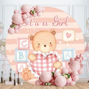 Aperturee Round Its A Girl Bear Pink Baby Shower Backdrop