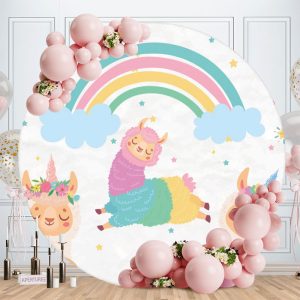 Aperturee Round Lamb Rainbow Baby Shower Party Backdrop