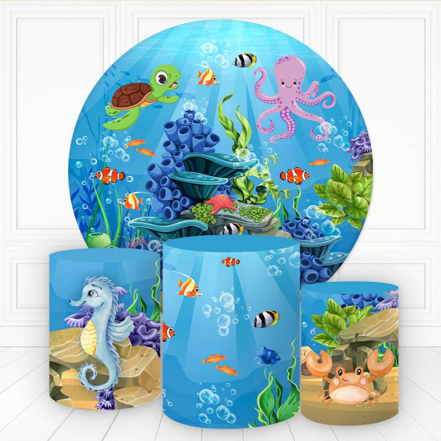 Aperturee Sea Animals Plants Round Birthday Backdrop Kit For Kids | Circular Birthday Backdrop Cover | Birthday Backdrop Ideas | Custom Round Backdrop