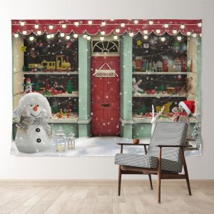 Aperturee Snowman Christmas Shop Lights Holiday Backdrop