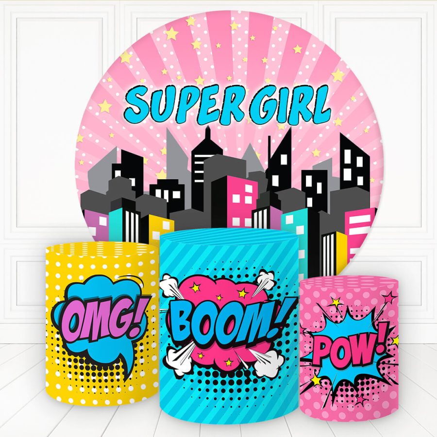 Aperturee Super Girl Neon City Round Backdrop Kit For Baby Shower | Round Backdrop Stand Covers | Baby Shower Arch Backdrop | Circle Party Backdrop