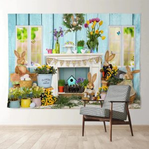 Aperturee Wooden Floral Bunny Egg Hunter Easter Backdrop