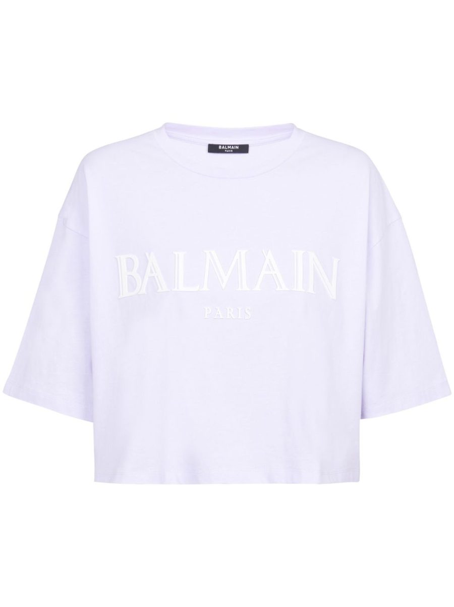 BALMAIN WOMEN Roman Rubber Logo Cropped T-Shirt Light Lilac White