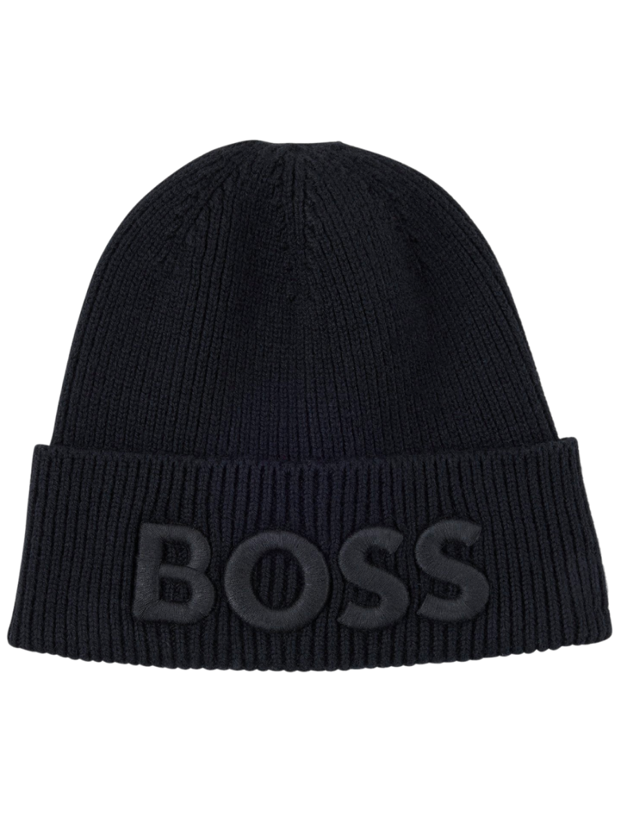 BOSS MEN Logo Embroidered Knitted Beanie Hat Black