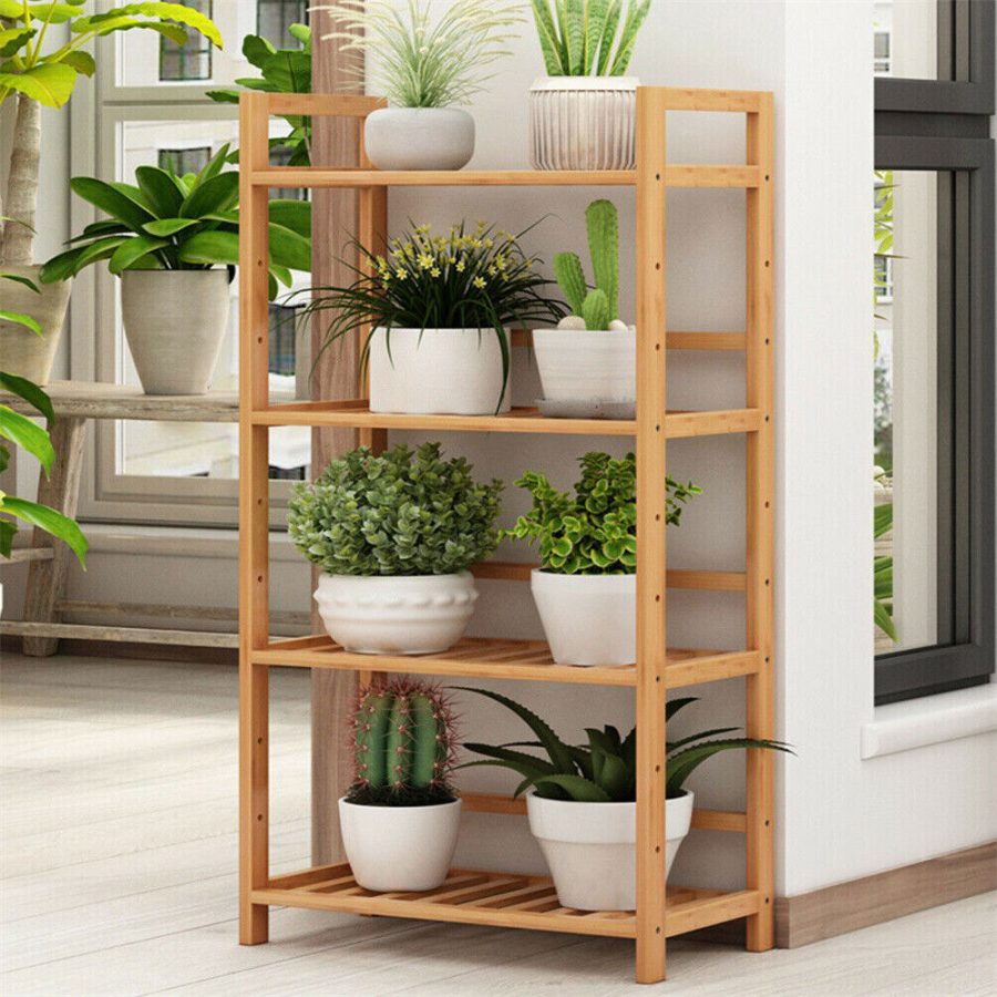 Bamboo Plant Stand 4 Tier Storage Shelves Bookshelf Furniture For Indoor Outdoor