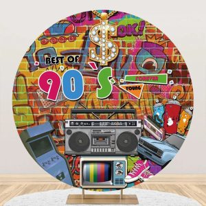 Best Of 90s Graffiti Brick Wall Round Party Backdrop - Aperturee