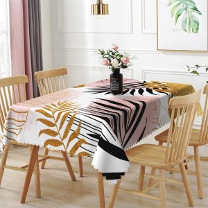 Big Gold Black Pink Leaves Rectangle Tablecloth - Aperturee