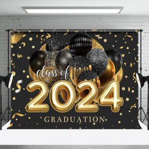 Black Gold Balloon Ribbon Class Of 2024 Grad Backdrop - Aperturee