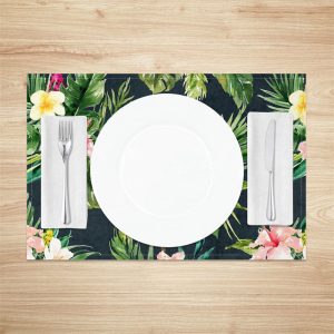 Black Green Monstera Pink Floral Set Of 4 Placemats - Aperturee