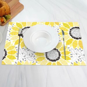 Black Grey Yellow Flower Leaves Set Of 4 Placemats - Aperturee