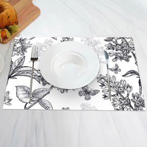 Black Hand Drawing Floral Leaves Set Of 4 Placemats - Aperturee