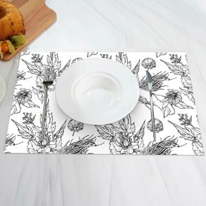 Black Line Drawing Floral Leaf Set Of 4 Placemats - Aperturee