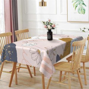 Black Line Flowers Pink White Rectangle Tablecloth - Aperturee