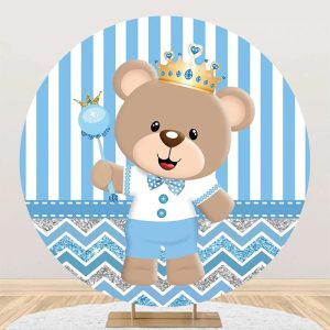 Blue Bear Crown Stripe Round Baby Shower Backdrop - Aperturee