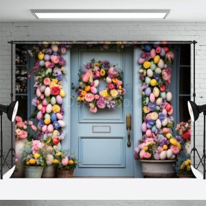 Blue Door Colorful Egg Floral Easter Photo Backdrops - Aperturee