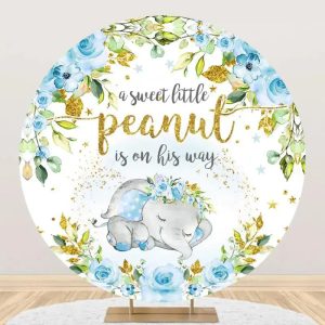 Blue Elephant Floral Gold Round Baby Shower Backdrop - Aperturee