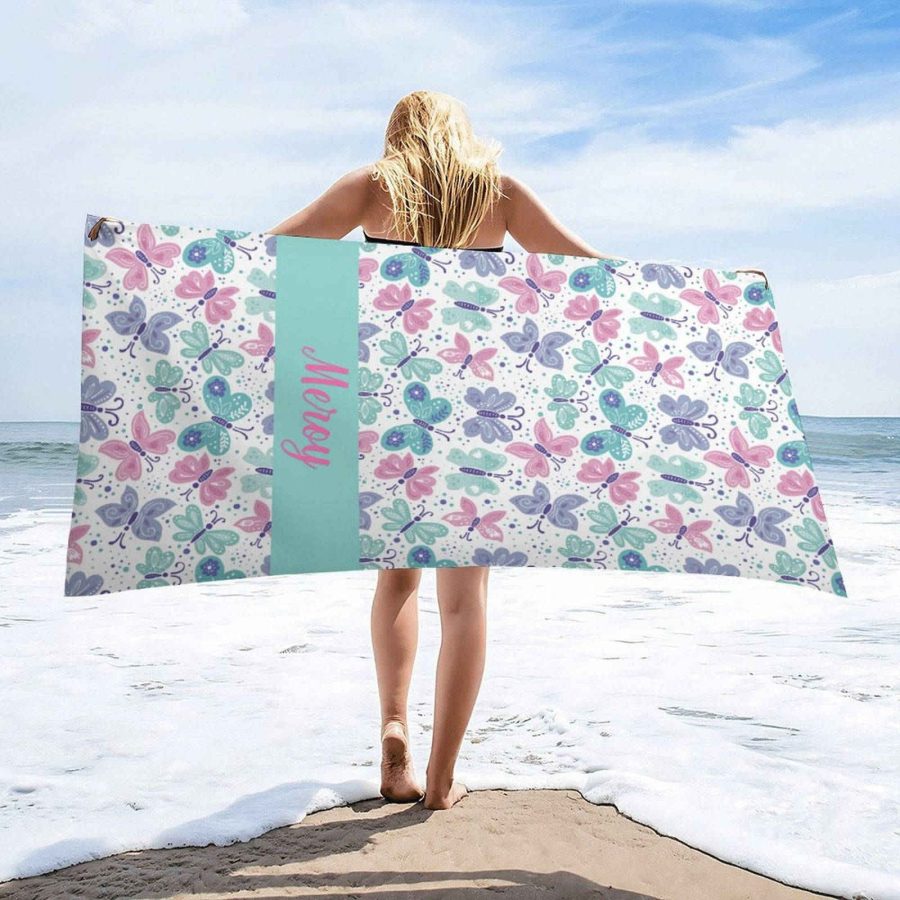 Blue Purple Butterfly Custom Name Beach Towel for Girl - Aperturee