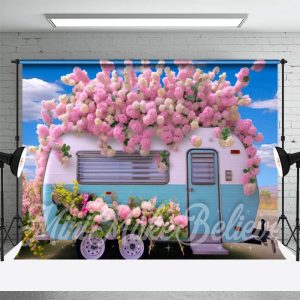 Blue Sky Pink Floral RV Photography Spring Backdrop - Aperturee