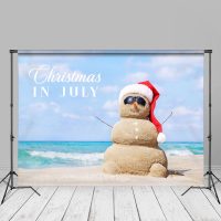 Blue Sky Sea Beach Sandman Christmas In July Backdrop - Aperturee