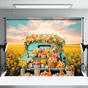 Blue Truck Rapeseed Flowers Eggs Easter Backdrop - Aperturee