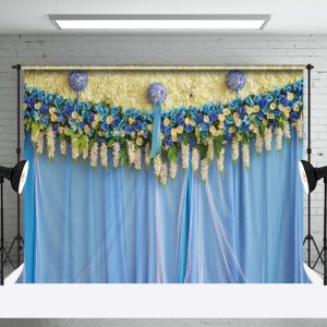 Blue Yellow Floral Valentines Day Photo Backdrop - Aperturee