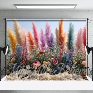 Boho Colorful Flowers Feather Spring Photo Backdrop - Aperturee