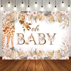 Boho Pink Floral Leaves Giraffe Baby Shower Backdrop - Aperturee