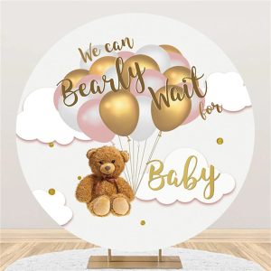 Brown Bear Balloon Cloud Round Baby Shower Backdrop - Aperturee