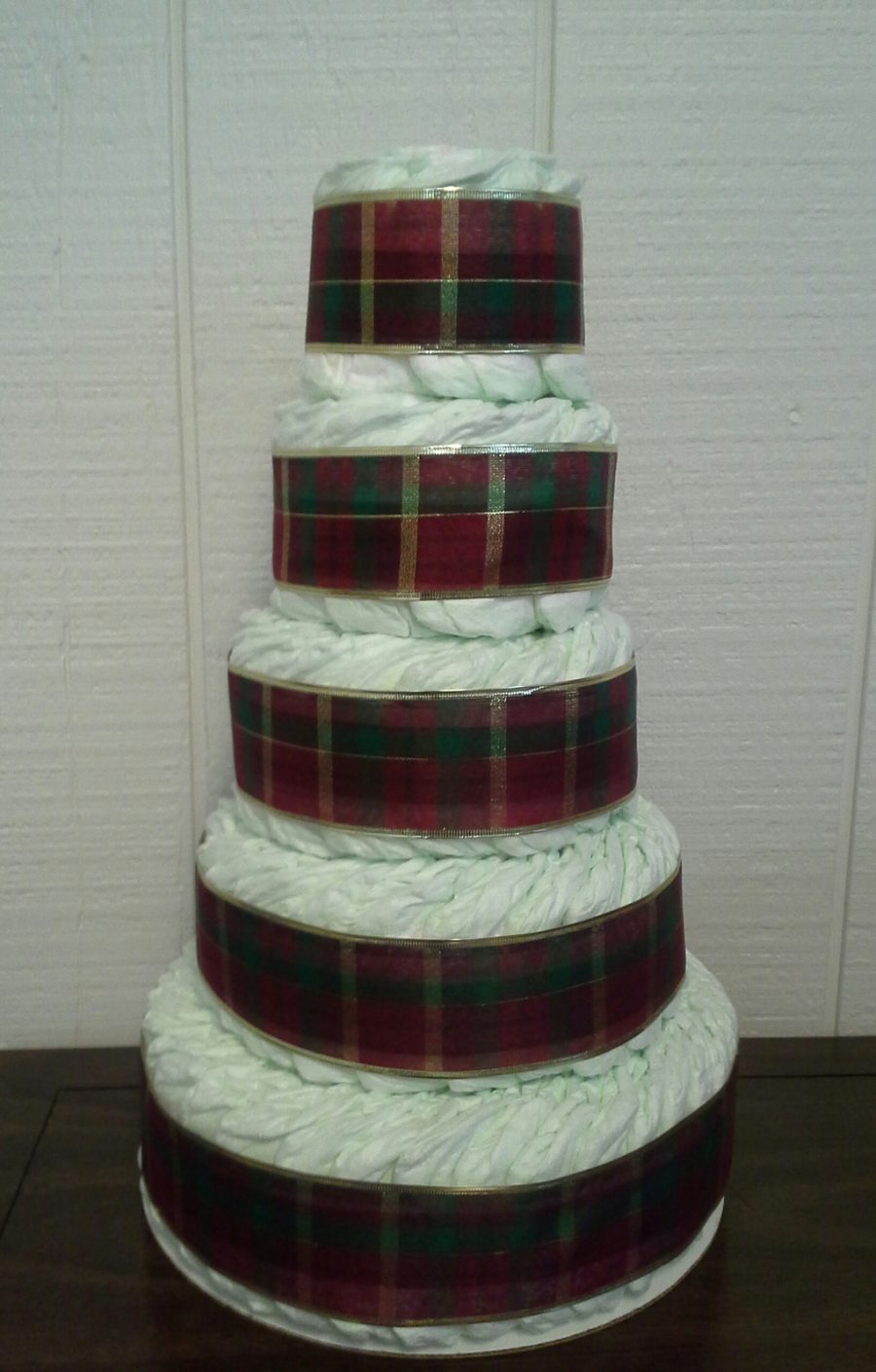 Christmas Themed Baby Shower Decor 5 Tier Red Green and Gold Diaper Cake Gift