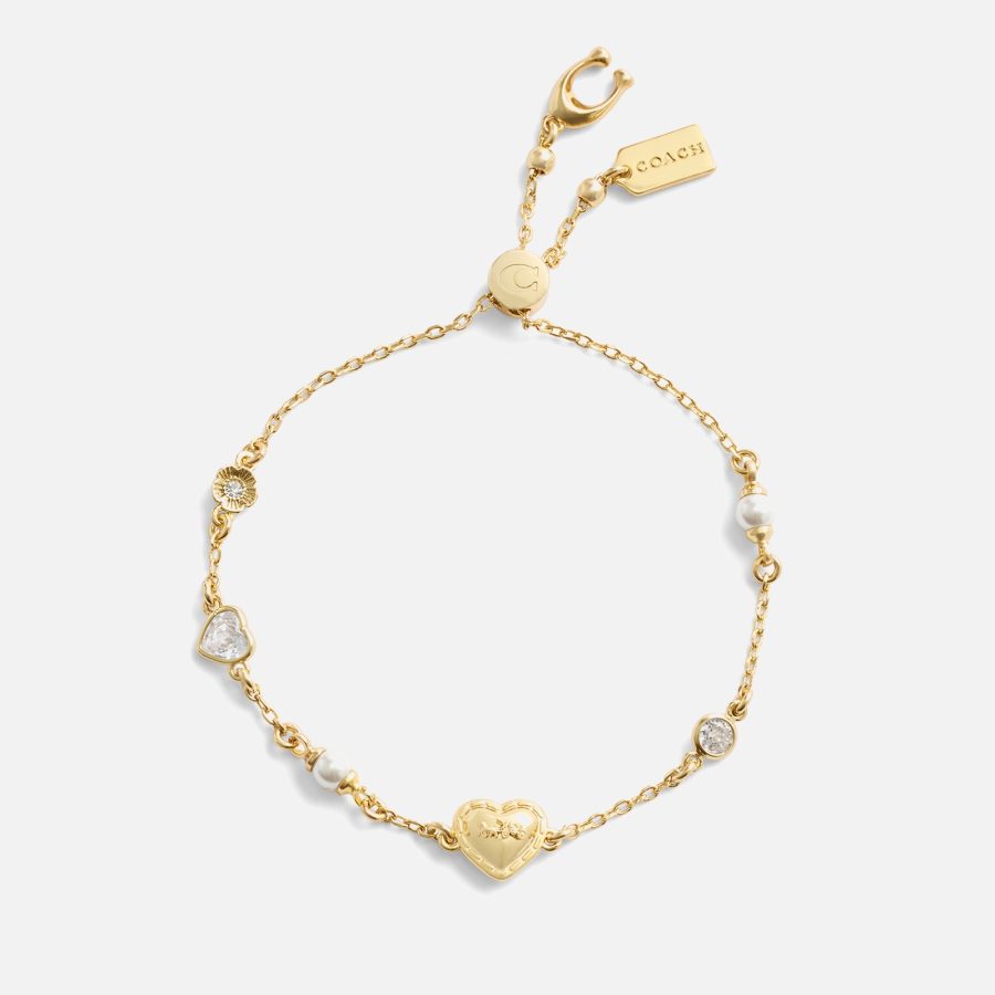 Coach Pearl Heart H&C Gold-Tone Slider Bracelet