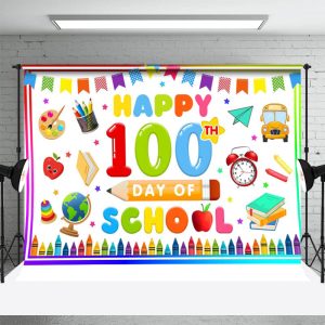 Colorful Happy 100th Day Of School Party Backdrop - Aperturee