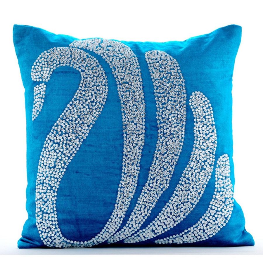Crystal Swan Blue Cushion Covers, Velvet 16"x16" Pillow Cover, Crystal Swan