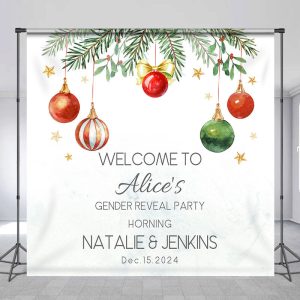 Custom Name Bauble Christmas Gender Reveal Backdrop - Aperturee