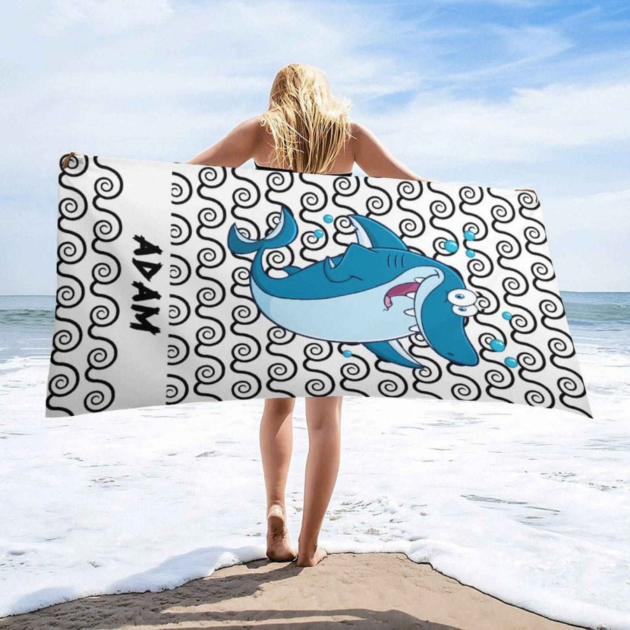 Custom Name White Wave Shark Boy Beach Towel - Aperturee