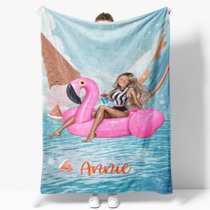 Customized Face Bikini Flamingo Ring Summer Blanket - Lofaris